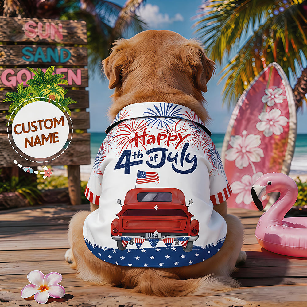 Personalized Custom Name 4th of July Dog Shirt, Vintage Red Truck Firework American Flag Print Pet Hawaiian Shirt, Independence Day Dog Beach Outfit