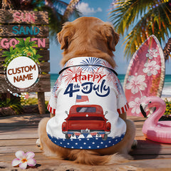Personalized Custom Name 4th of July Dog Shirt, Vintage Red Truck Firework American Flag Print Pet Hawaiian Shirt, Independence Day Dog Beach Outfit