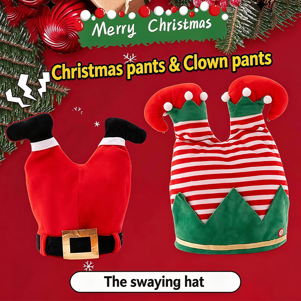 The Swaying Hat, Christmas Santa & Elf Clown Pants Hat, Funny Electric Wiggle Plush Hat, Xmas Party Novelty Costume Headwear, Holiday Photo Booth Prank Prop