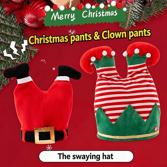 The Swaying Hat, Christmas Santa & Elf Clown Pants Hat, Funny Electric Wiggle Plush Hat, Xmas Party Novelty Costume Headwear, Holiday Photo Booth Prank Prop