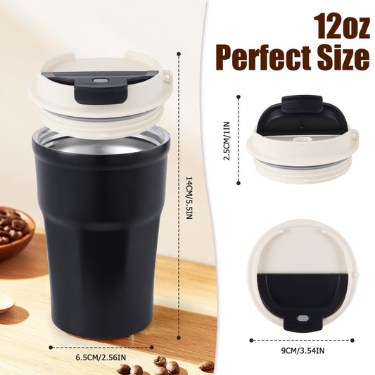 Stainless Steel Insulated Coffee Tumbler with Flip Lid & Carry Strap, 350ml Leakproof Travel Mug for Office, Camping & Commute, Matte Black