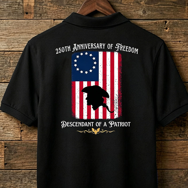 Custom Descendant of a Patriot Polo Shirt, 250th Anniversary of Freedom 1776 Men's Back Print Tee