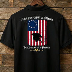Custom Descendant of a Patriot Polo Shirt, 250th Anniversary of Freedom 1776 Men's Back Print Tee