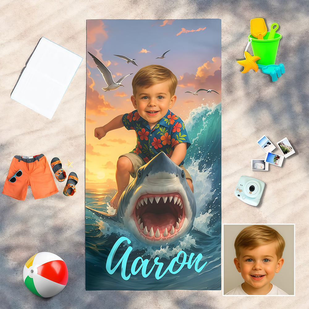 Personalized Shark Beach Towel with Child Face & Name, Funny Summer Kid Gift, Vacation Gift.