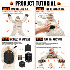 Halloween crawling mummy, an interactive prop with red glowing eyes and terrifying sounds, suitable for outdoor courtyard haunted house decoration
