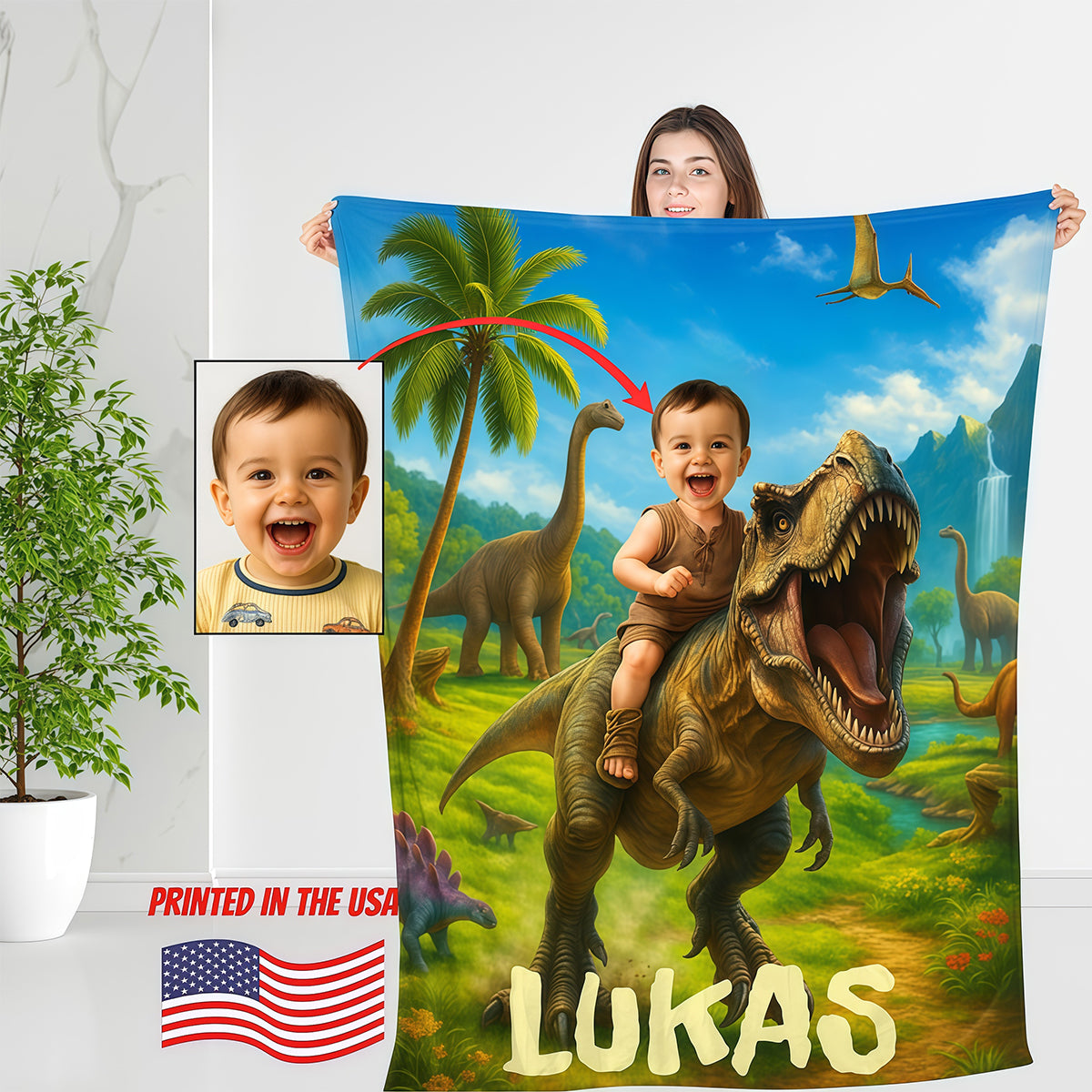 Personalized Dinosaur Blanket with Child’s Photo and Name, Custom Dino Riding Design for Kids.