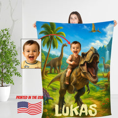 Personalized Dinosaur Blanket with Child’s Photo and Name, Custom Dino Riding Design for Kids.