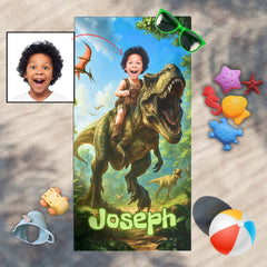 Personalized Dinosaur Beach Towel, Custom Dino Kid Pool Towel, Child Face Name, Boys Gift.