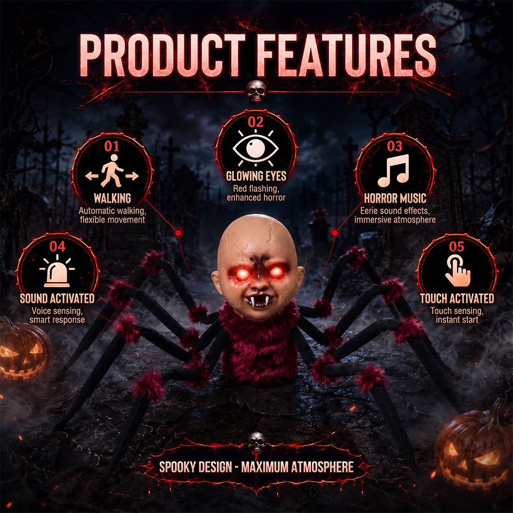 Halloween Crawling Head Spider Animatronic Prop, Touch Activated Decoration with Red LED Glowing Eyes, Spooky Music, Move Forward & Backward for Haunted House Yard Decor