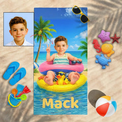 Personalized Boy Beach Towel with Face & Name, Funny Pool Float Vacation Gift, Birthday Gift .