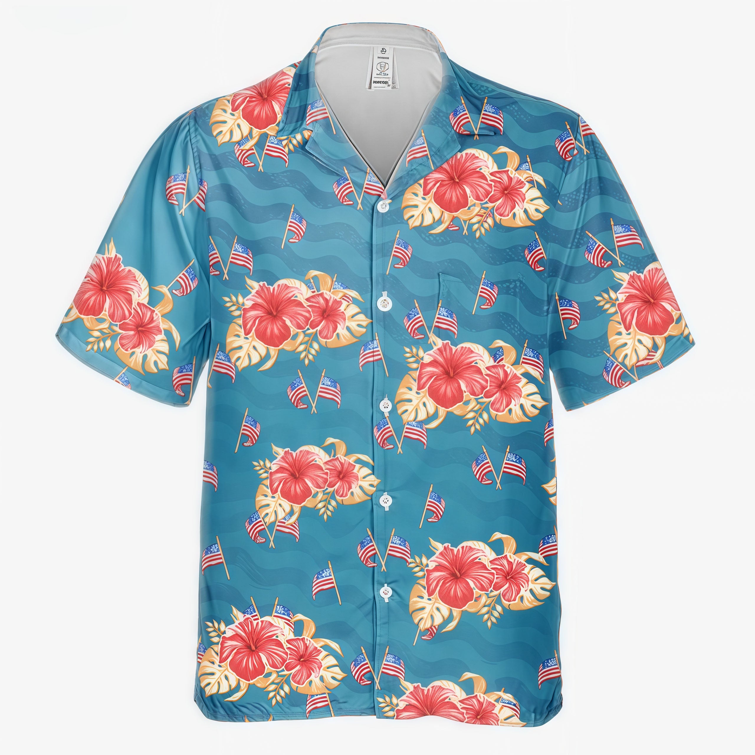Teal Tropical Hibiscus & Mini US Flag Beach Shirt