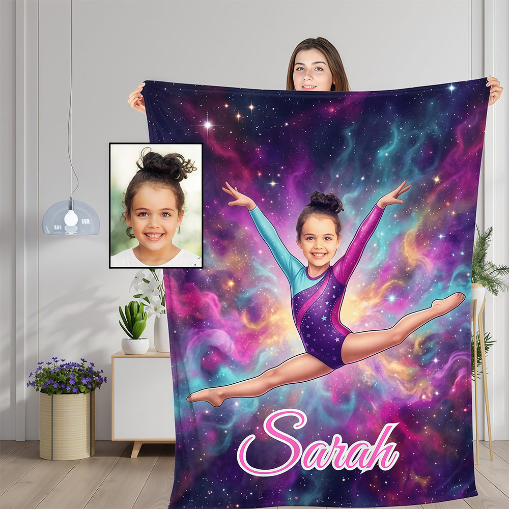 Personalized Gymnast Blanket with Child’s Face & Name, Custom Photo Throw Dance Gift for Girls.