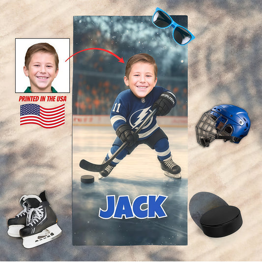 Personalized Hockey Team Beach Towel: Custom Face, Number & Name Pool Towel, Game Day Gift.