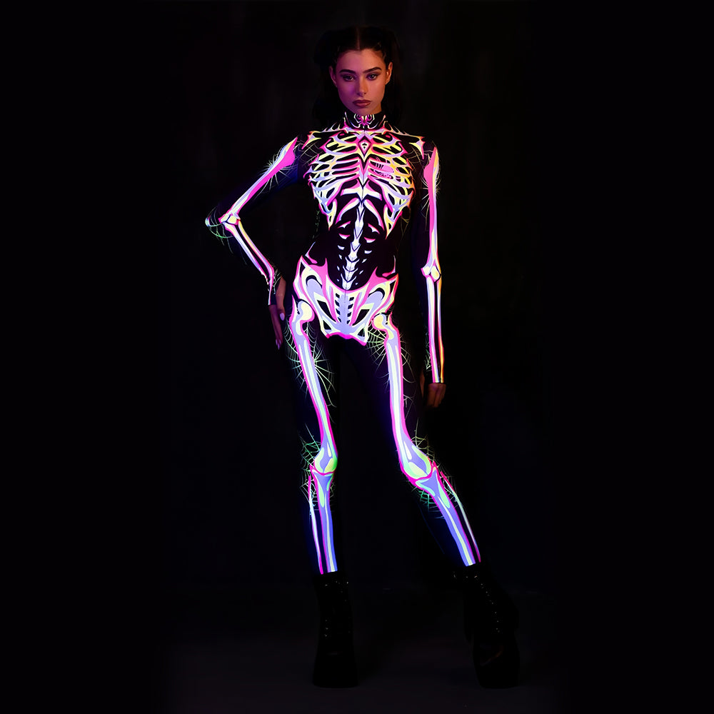 Glow-in-the-dark skeleton bodysuit, Halloween UV fluorescent skeleton cosplay outfit, stretchy long-sleeve leotard, electronic music party costume