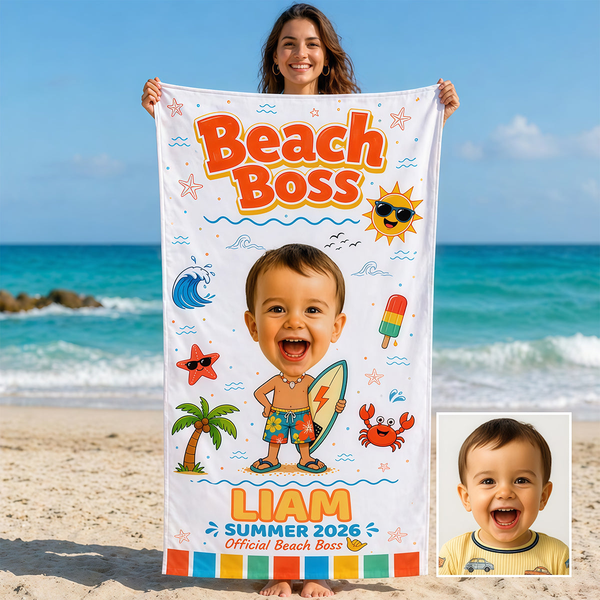 Personalized Beach Towel Kids Custom Face, Toddler Pool Towels, Photo Towel with Name Summer.