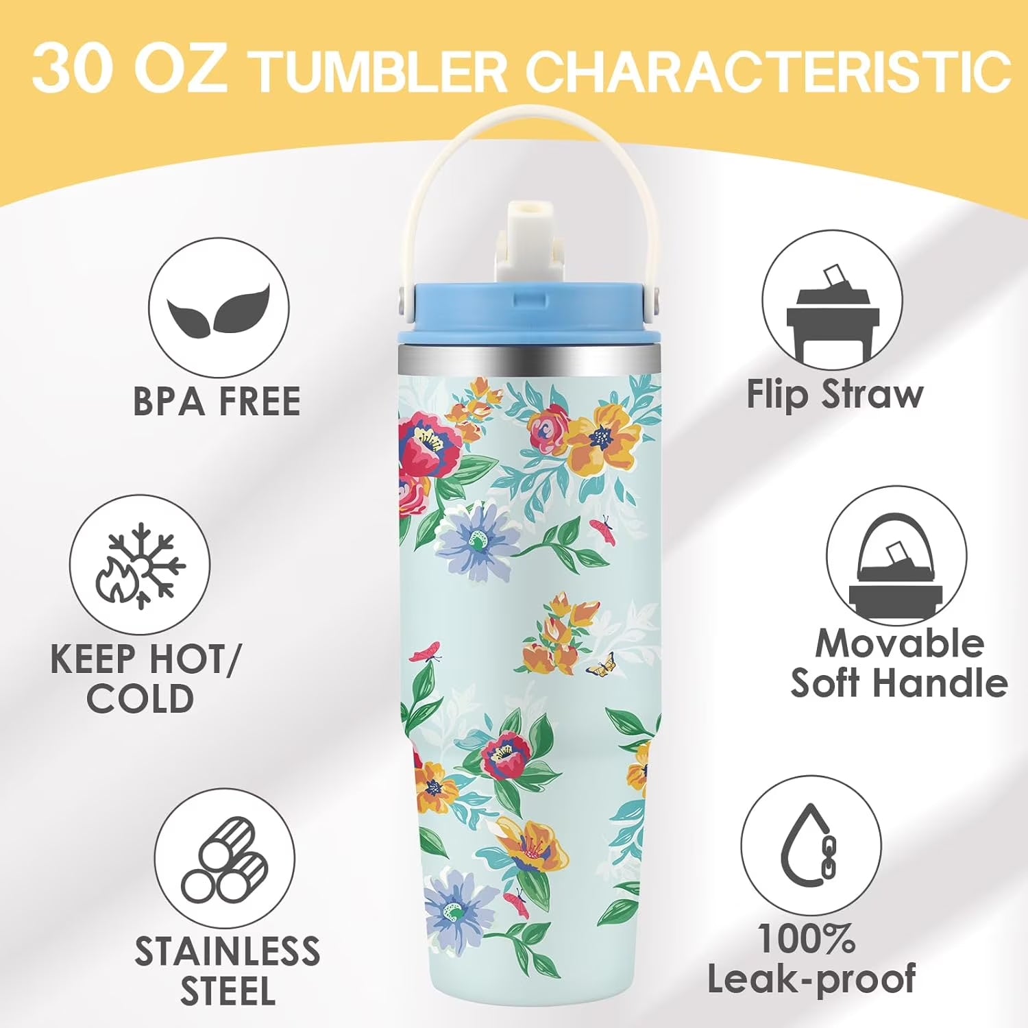 Floral Insulated Water Bottle with Straw Lid & Handle, Stainless Steel Leakproof Tumbler for Iced Drinks, Summer Floral Print