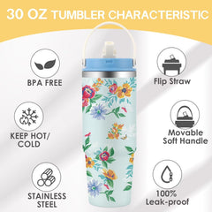 Floral Insulated Water Bottle with Straw Lid & Handle, Stainless Steel Leakproof Tumbler for Iced Drinks, Summer Floral Print