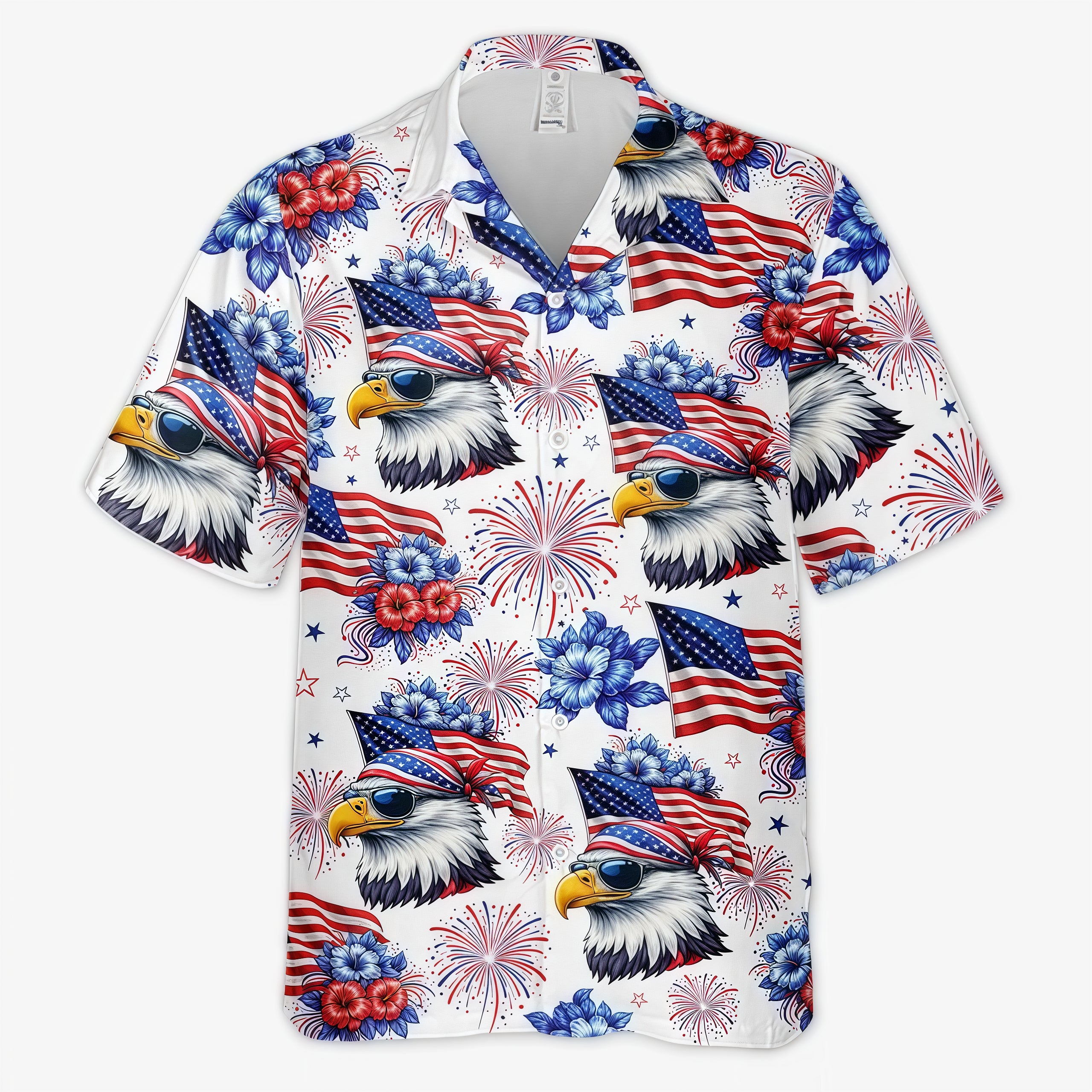 Patriotic Bald Eagle Sunglasses USA Flag Floral Hawaiian Shirt