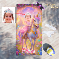 Personalized Unicorn Princess Beach Towel with Child Face & Name, Fantasy Girl Pool Towel Gift.
