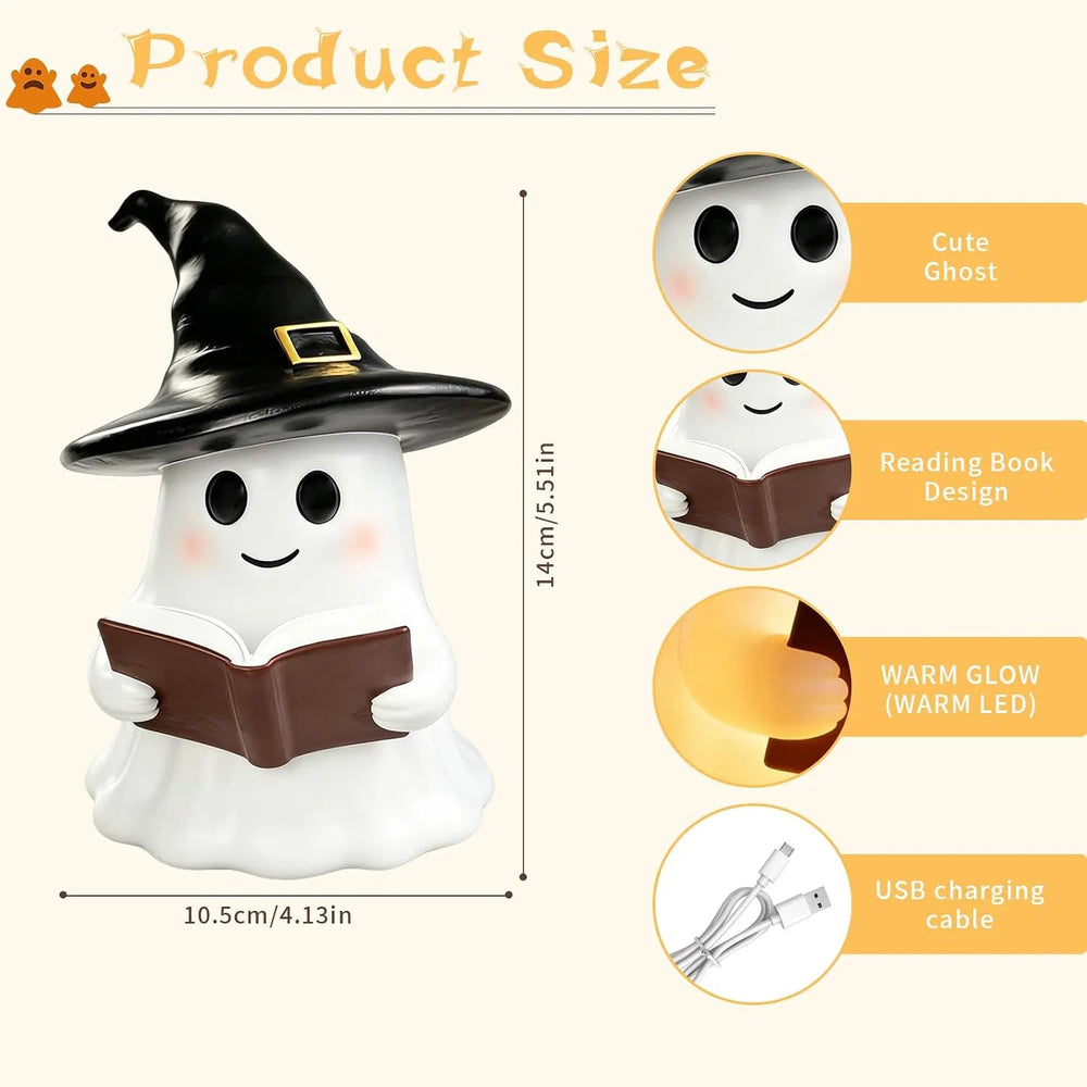 resin ghost in a witch hat holding an open book, usb powered night light - product photo 7 of 8