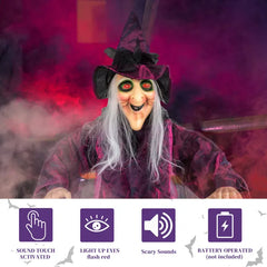 Feature icons: sound and touch activated, light up eyes flash red, scary sounds, battery operated