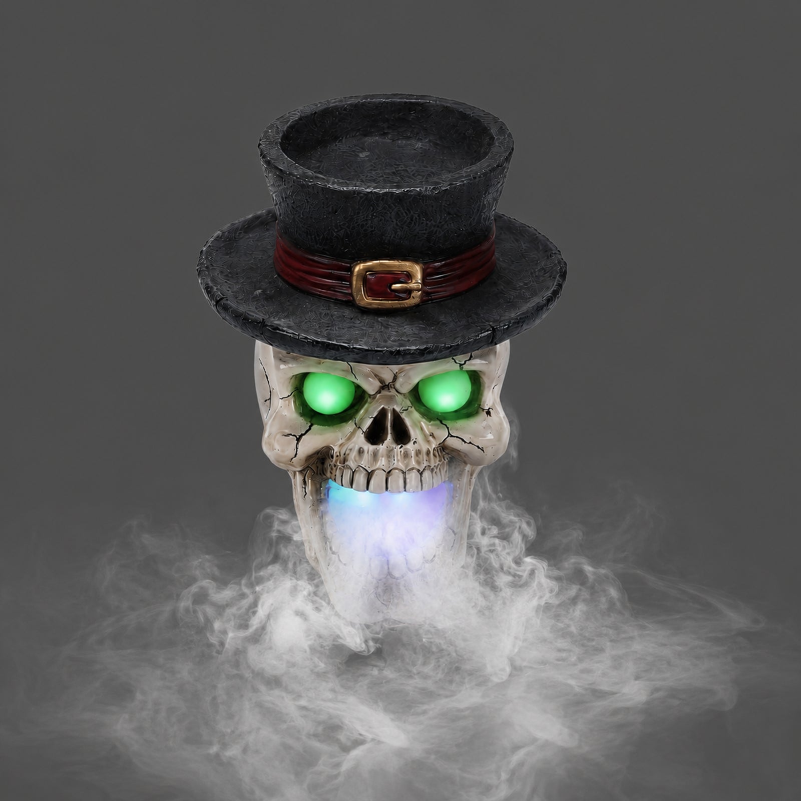Top hat skull light up statue on a plain gray background, three quarter view, with fog coming from the mouth