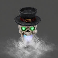 Top hat skull light up statue on a plain gray background, three quarter view, with fog coming from the mouth