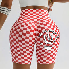 Personalized Custom Name This Ass Belongs To Handprint Biker Shorts, Custom Print Checkered High Waist Yoga Shorts