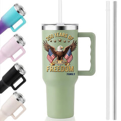 40oz Large Handle Tumbler | 250 Years Of Freedom Bald Eagle Dual American Flag Custom Family Name 1776-2026 Patriotic Stainless Steel Mug