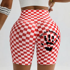 Personalized Custom Name This Ass Belongs To Handprint Biker Shorts, Custom Print Checkered High Waist Yoga Shorts