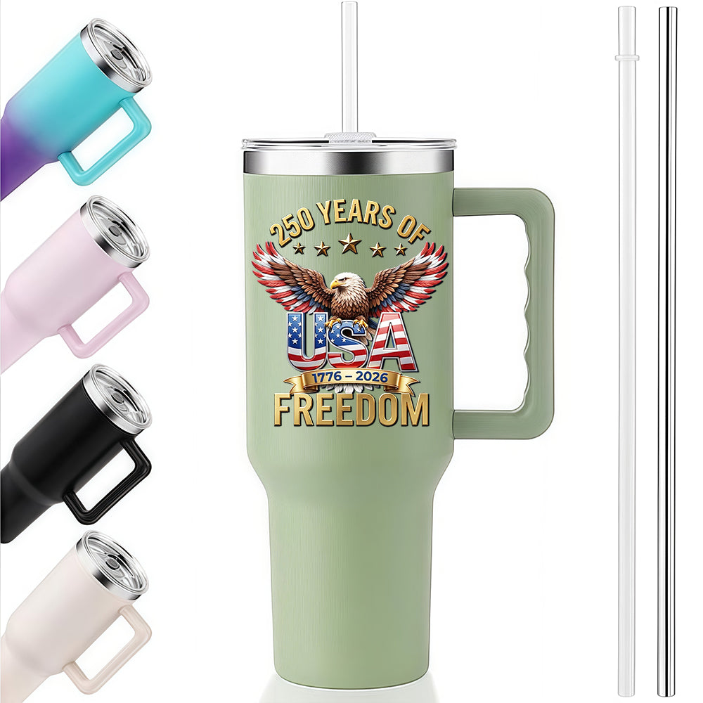 40oz Handle Travel Mug | 250 Years Of Freedom Eagle USA Flag Wings 1776-2026 Independence Day Reusable Stainless Steel Tumbler