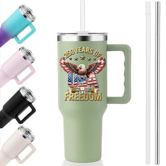 40oz Handle Travel Mug | 250 Years Of Freedom Eagle USA Flag Wings 1776-2026 Independence Day Reusable Stainless Steel Tumbler