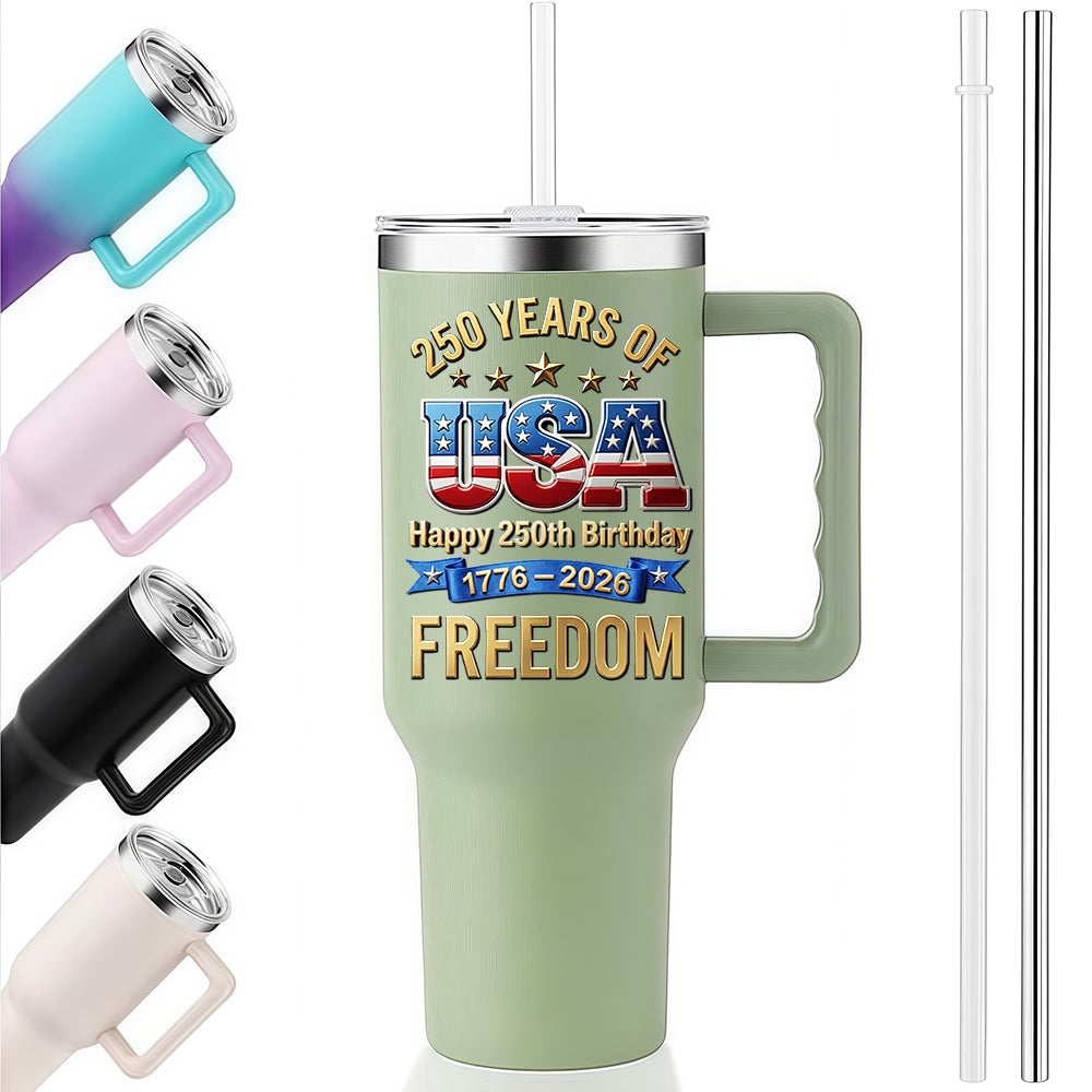 40oz Tumbler With Handle | Happy 250th USA Birthday 1776-2026 Stars Stripes Eagle Freedom Patriotic Gift Cup