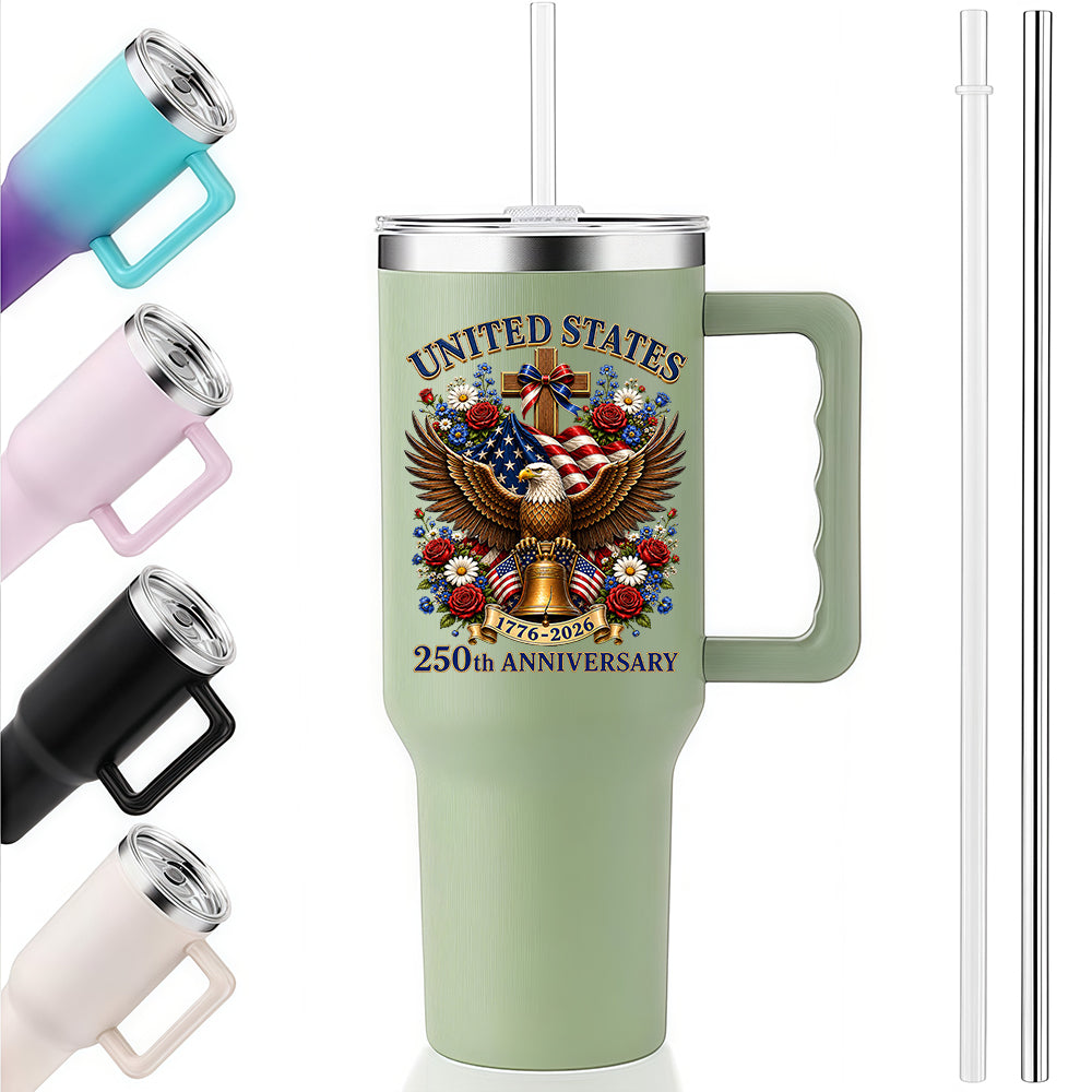 40oz Stainless Steel Tumbler | United States 250th Anniversary Eagle Cross Liberty Bell Floral Vintage Patriotic Christian Travel Mug