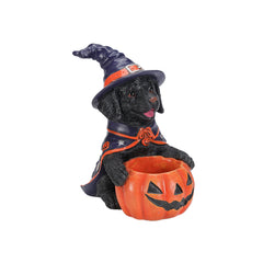 Black labrador witch puppy statue on a plain background, side view, showing the empty bowl from the side