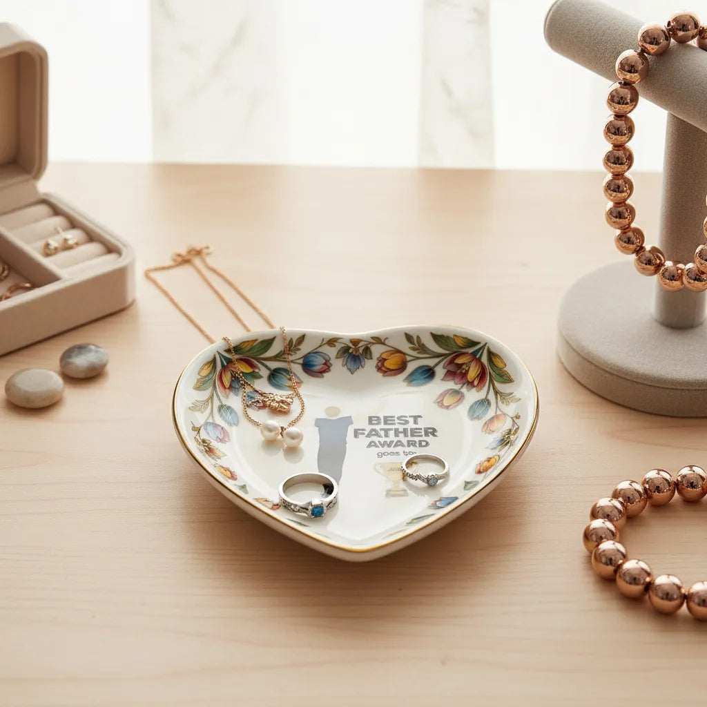 Custom  Photo Ceramic Trinket Tray with Colorful Tulip Floral Border-Best father award