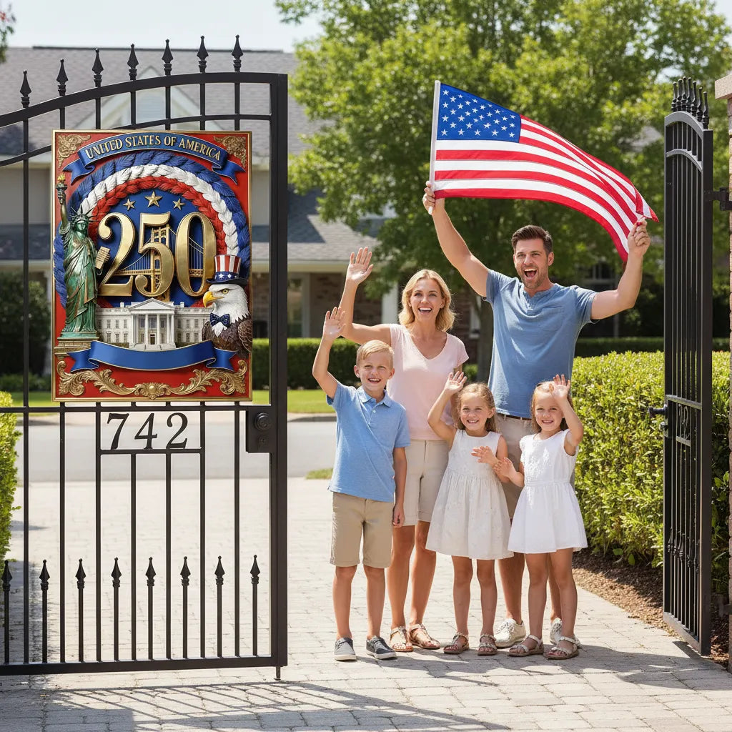 Personalized USA 250th Anniversary Commemorative Metal Sign - Custom Name Eagle Shield for Family Decor