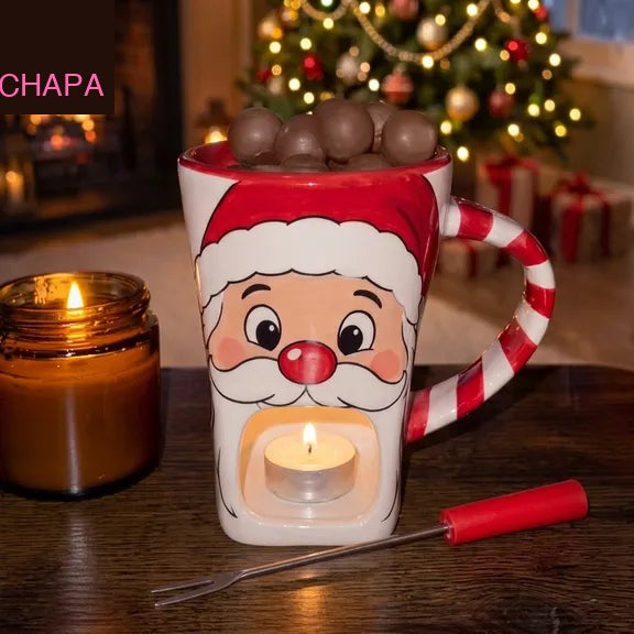Christmas candle holder mug on holiday table setting - cozy mantel decor