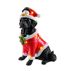 The Black retriever in the red Santa coat on a white background, side profile, showing the coat and the bulb string along the back