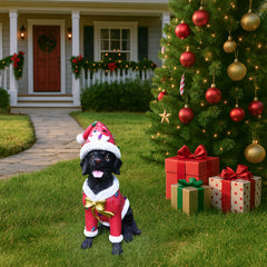 The Black labrador retriever in the red Santa coat out on the lawn at dusk with the lights of the house behind