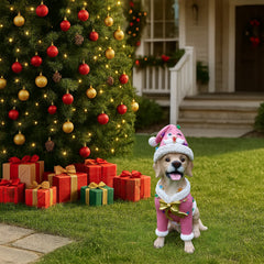 The Labrador retriever in the pink Santa coat out on the lawn at dusk with the lights of the house behind