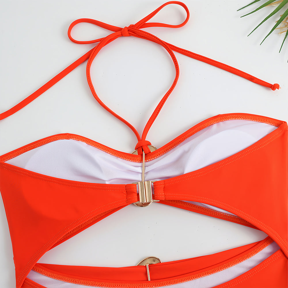 Piece Print Halter Swimsuit with Cover Up Sarong - Cutout Waist High Cut Bathing Suit