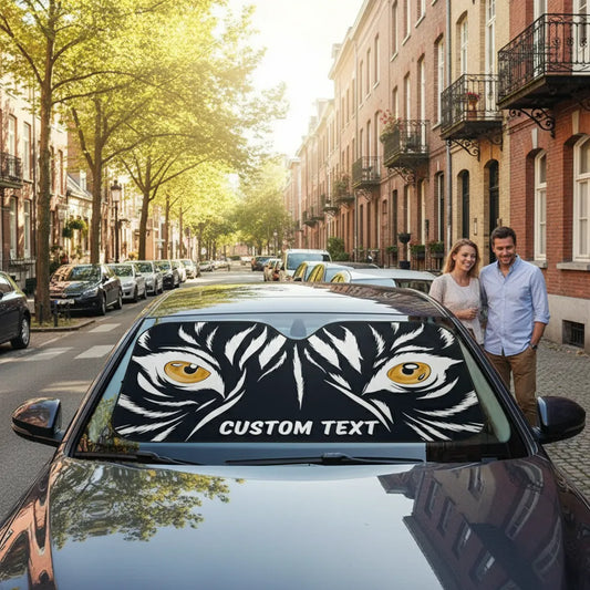 Custom Name Black and White Stylized Tiger Eyes Car Sunshade - High Contrast Wild Animal Decor