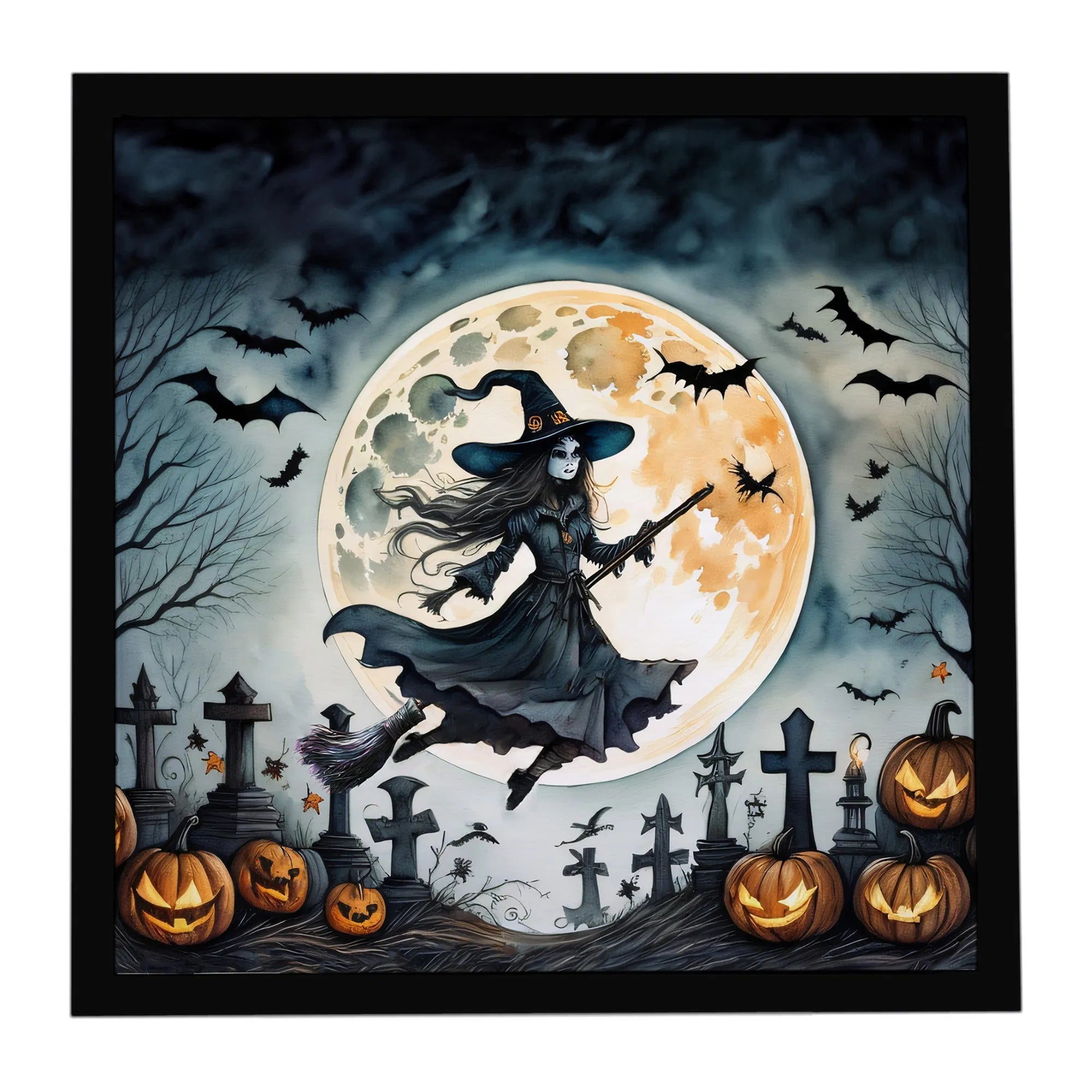 flying witch halloween framed metal print 8 x 8 Inch