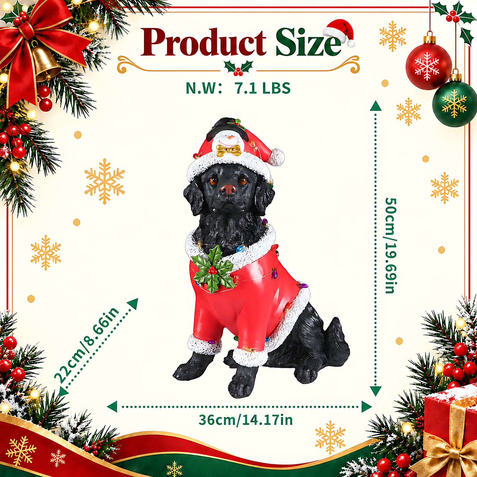Size diagram of the Black retriever Christmas statue with height, width and depth measured in inches and its weight in pounds