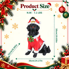 Size diagram of the Black retriever Christmas statue with height, width and depth measured in inches and its weight in pounds