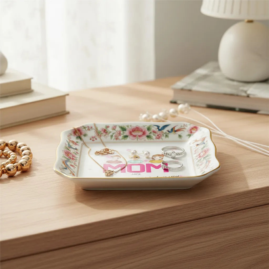 Custom Photo Ceramic Trinket Tray with Elegant Floral and Phoenix Bird Border - Mom we love you to pieces