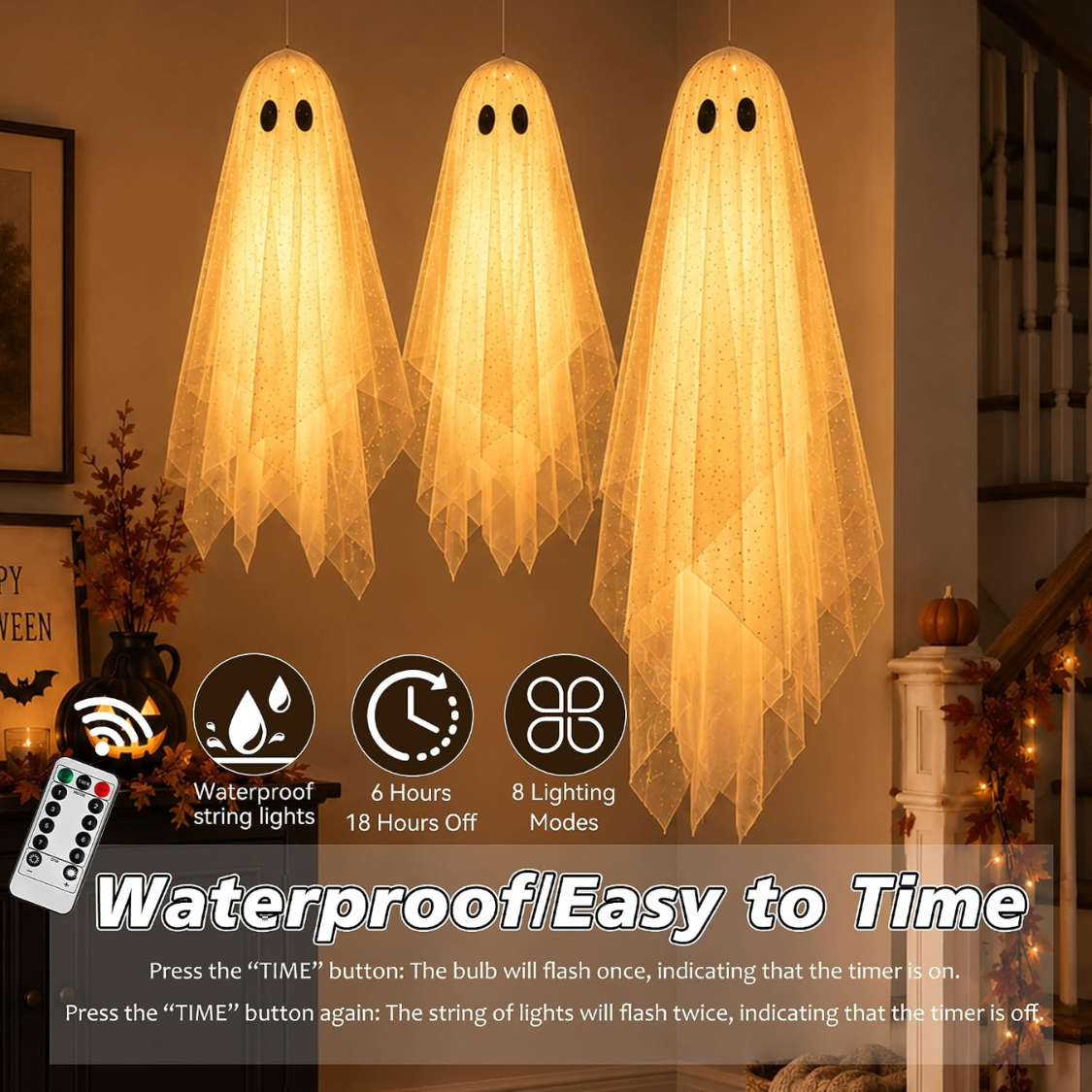 three hanging ghosts with remote timed LED lights - product photo 2 of 8