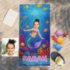 Custom Mermaid Girl Beach Towel with Face & Name,Personalized Daughter Summer Vacation Towel.