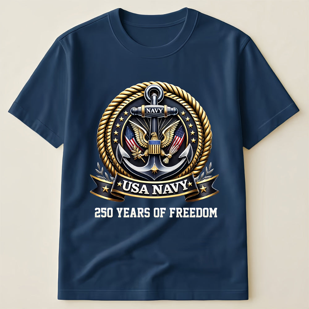 USA Navy Eagle Anchor Emblem T-Shirt, 250th Anniversary Patriotic Military Apparel